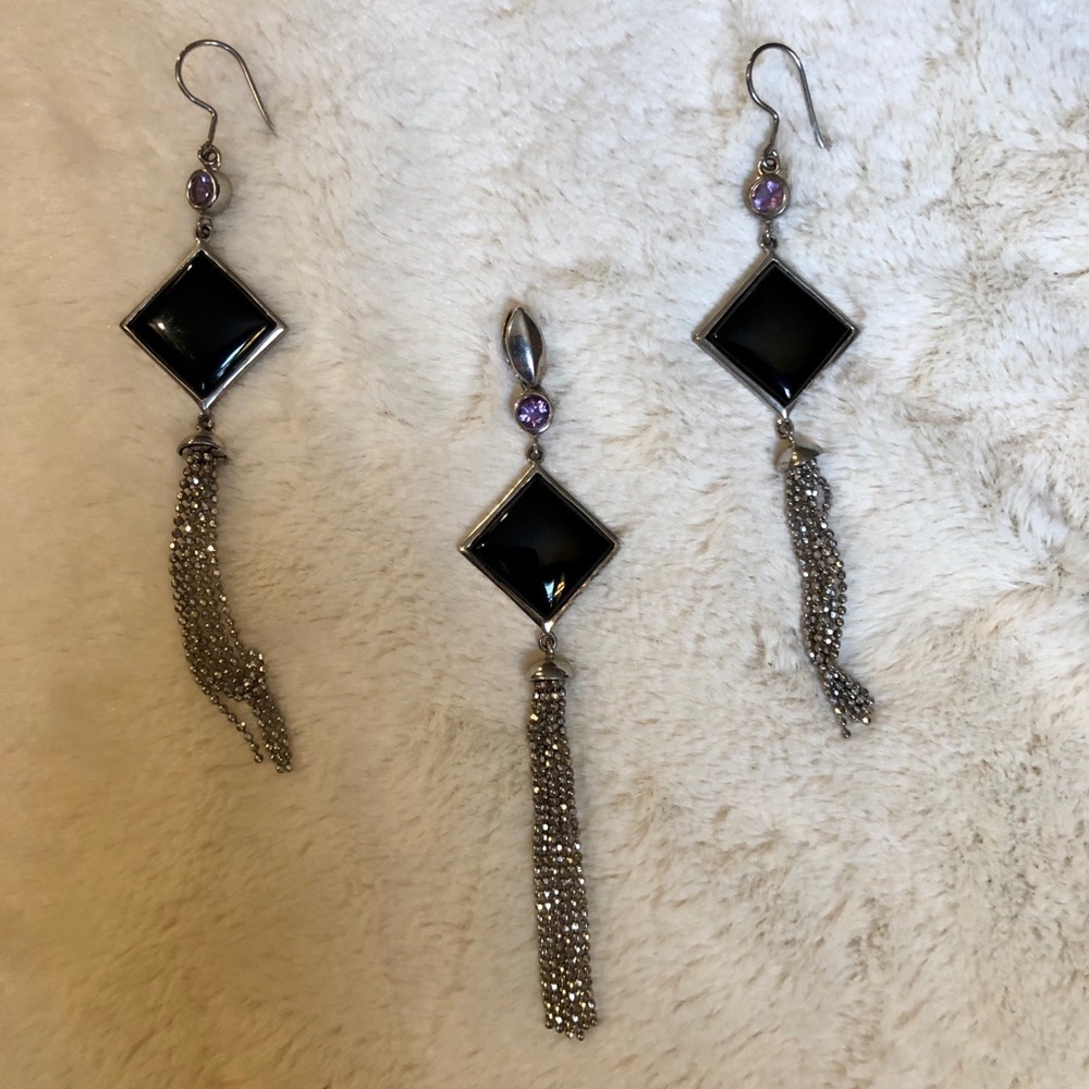 Black Onyx And Amethyst Pendant & Earrings